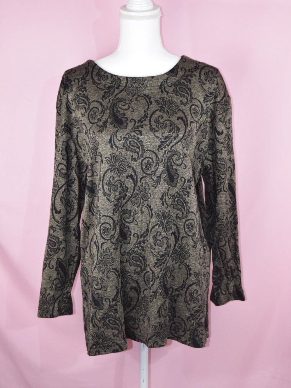 Worthington Bronze & Black Paisley Print Long Sleeve Blouse | Size L